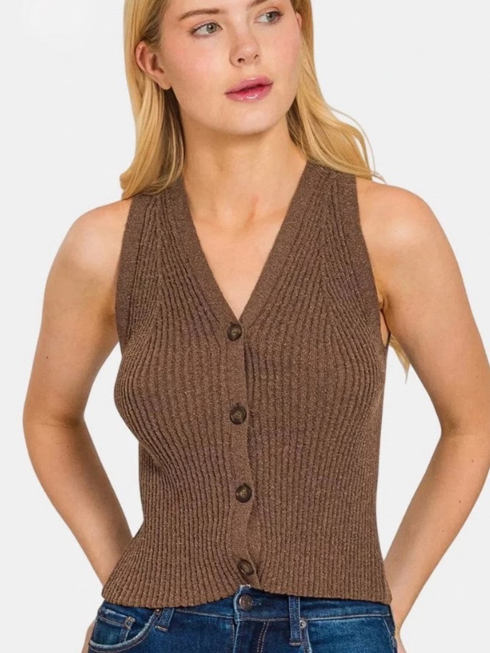 Zenana Outfitters Brown Ribbed V-Neck Button Front Sweater Vest